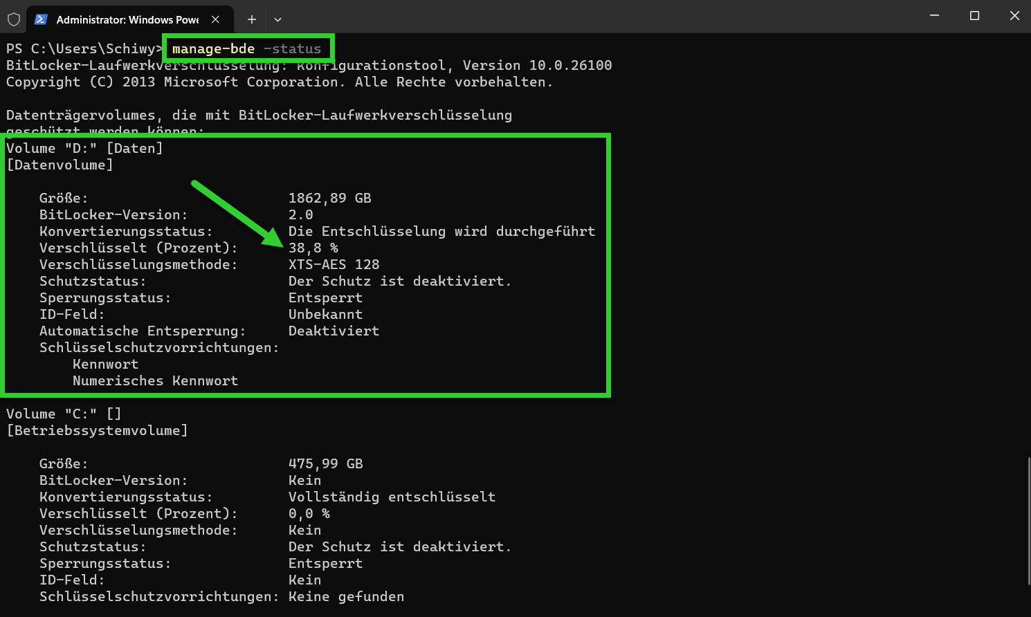 Screenshot Status der Entschlüsselung